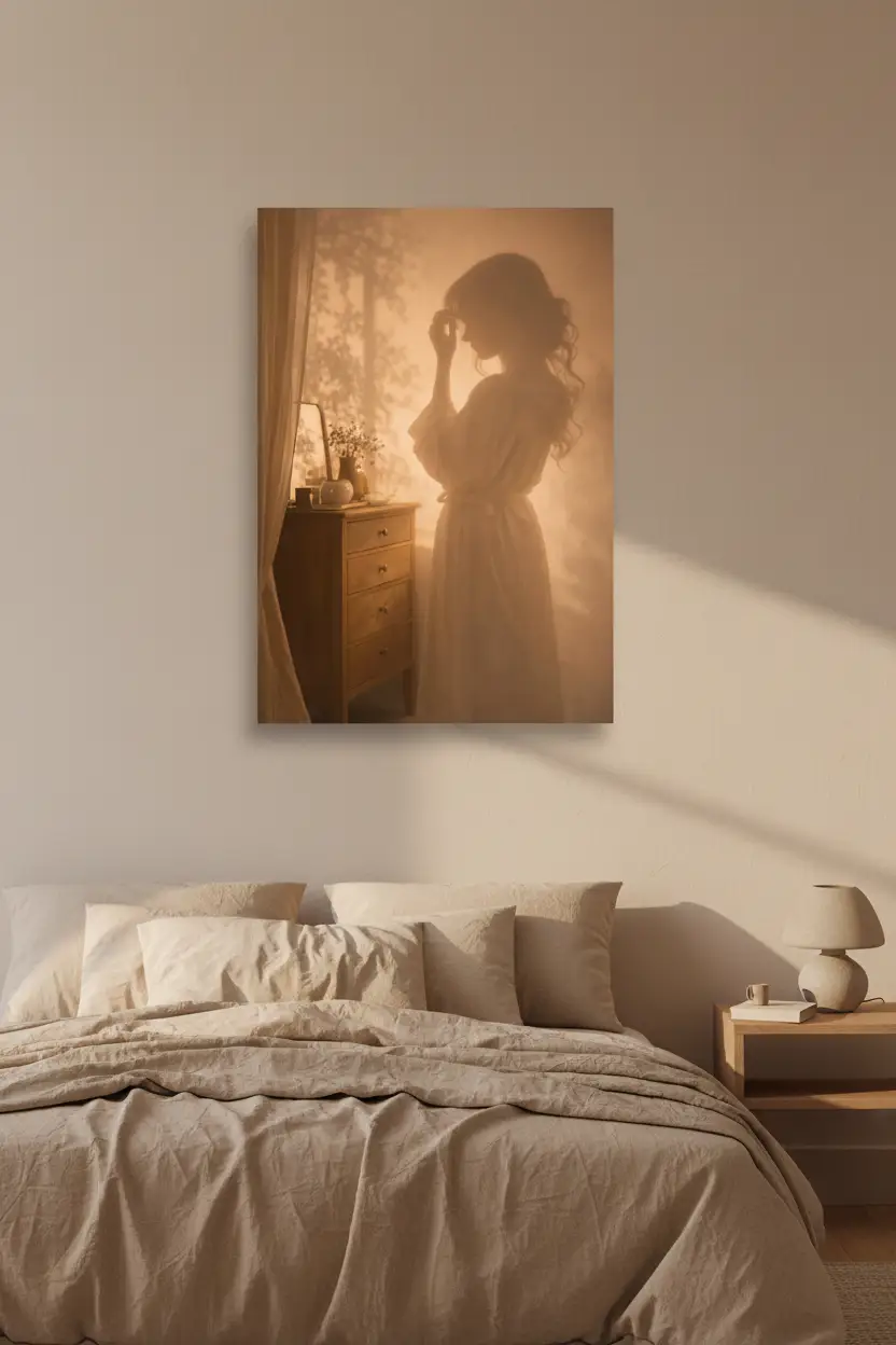 Le Rituel du Soir — Affiche murale minimaliste silhouette féminine brume dorée chambre, affiche murale minimaliste avec cadre bois, décoration murale salon ou chambre, style méditerranéen