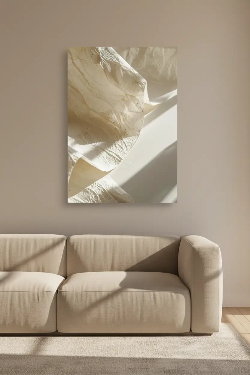 Le Papier Froissé — Affiche murale minimaliste macro texture papier japonais washi ivoire abstrait, affiche murale minimaliste avec cadre bois, décoration murale salon ou chambre, style méditerranéen