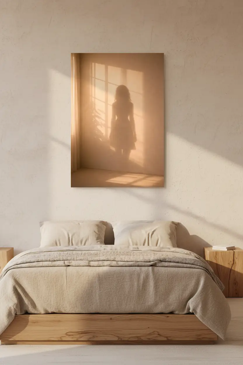 La Chambre Vide — Affiche murale minimaliste ombre féminine lumière dorée pièce vide, affiche murale minimaliste avec cadre bois, décoration murale salon ou chambre, style méditerranéen