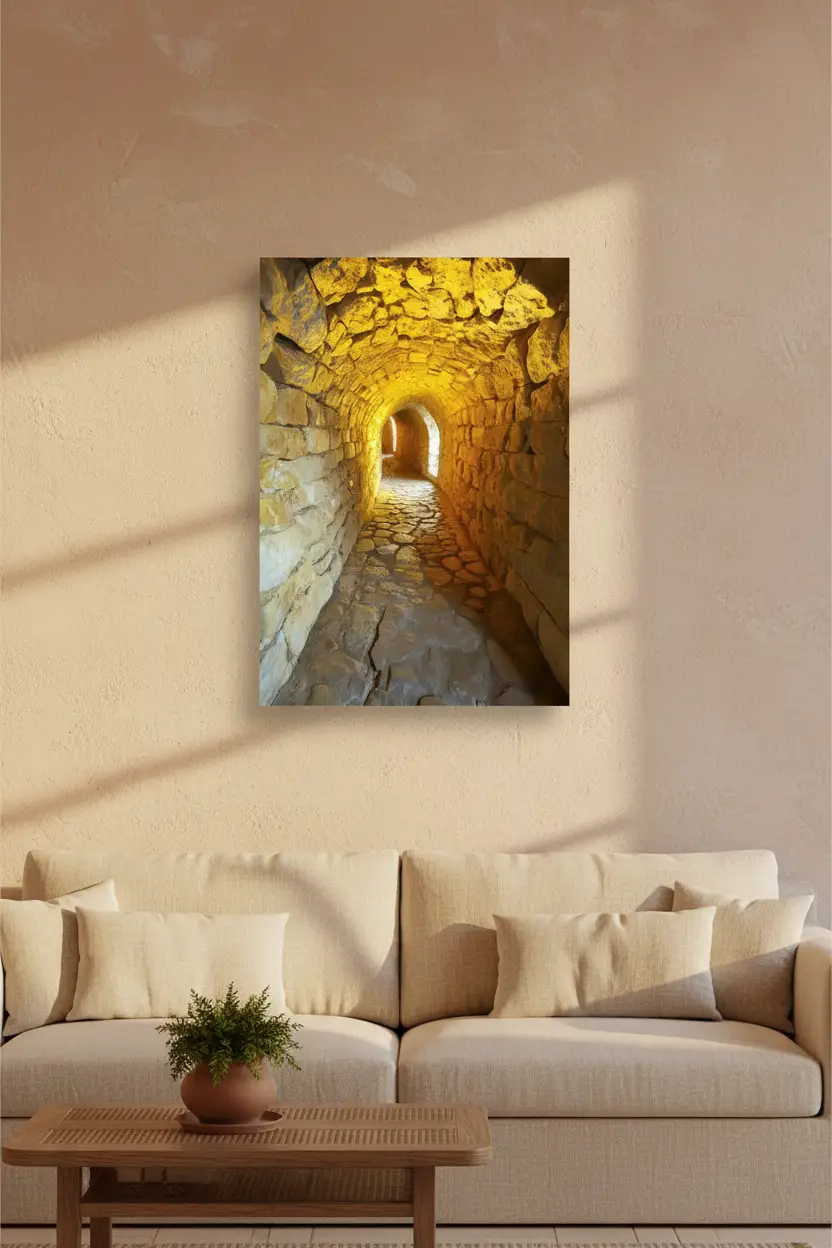Le Passage Doré — Affiche murale minimaliste couloir voûté pierre or ocre — affiche murale minimaliste | Cassili-home