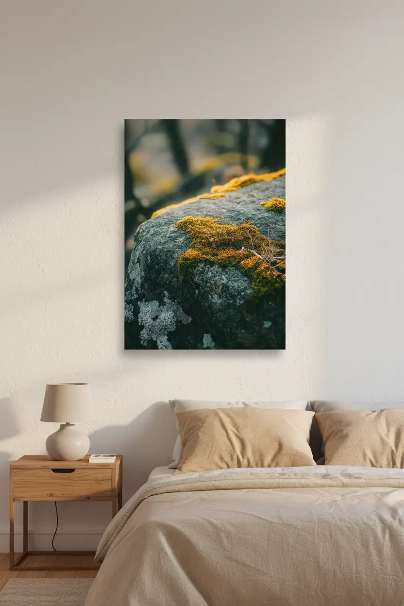 La Pierre Vivante — Minimalistische gouden rots mos wandposter