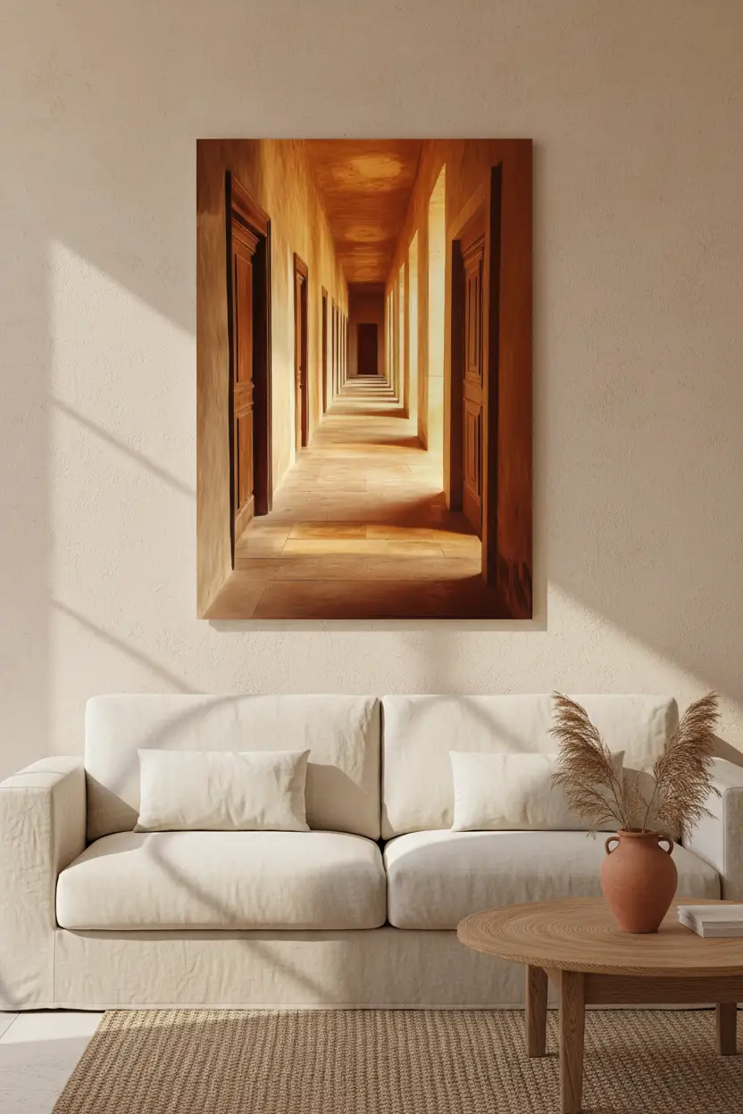 Le Couloir — Affiche murale minimaliste terracotta sable portes bois perspective — affiche murale minimaliste | Cassili-home