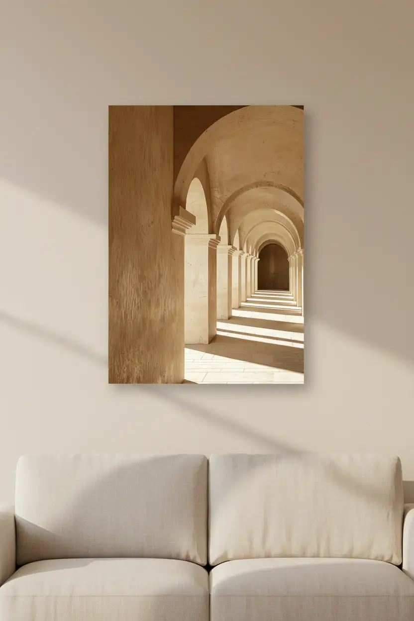 La Galerie des Arches — Affiche murale minimaliste couloir voûté arches romanes colonnes calcaire lumière architecture, affiche murale minimaliste avec cadre bois, décoration murale salon ou chambre, style méditerranéen