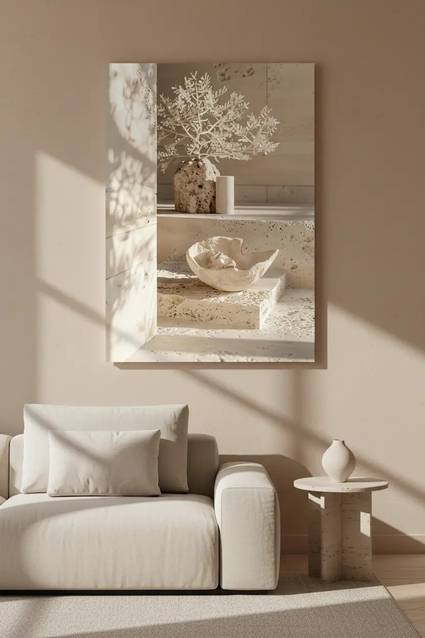 Der Weiße Altar – Minimalistisches Wandbild aus Elfenbein mit Korallenbaum