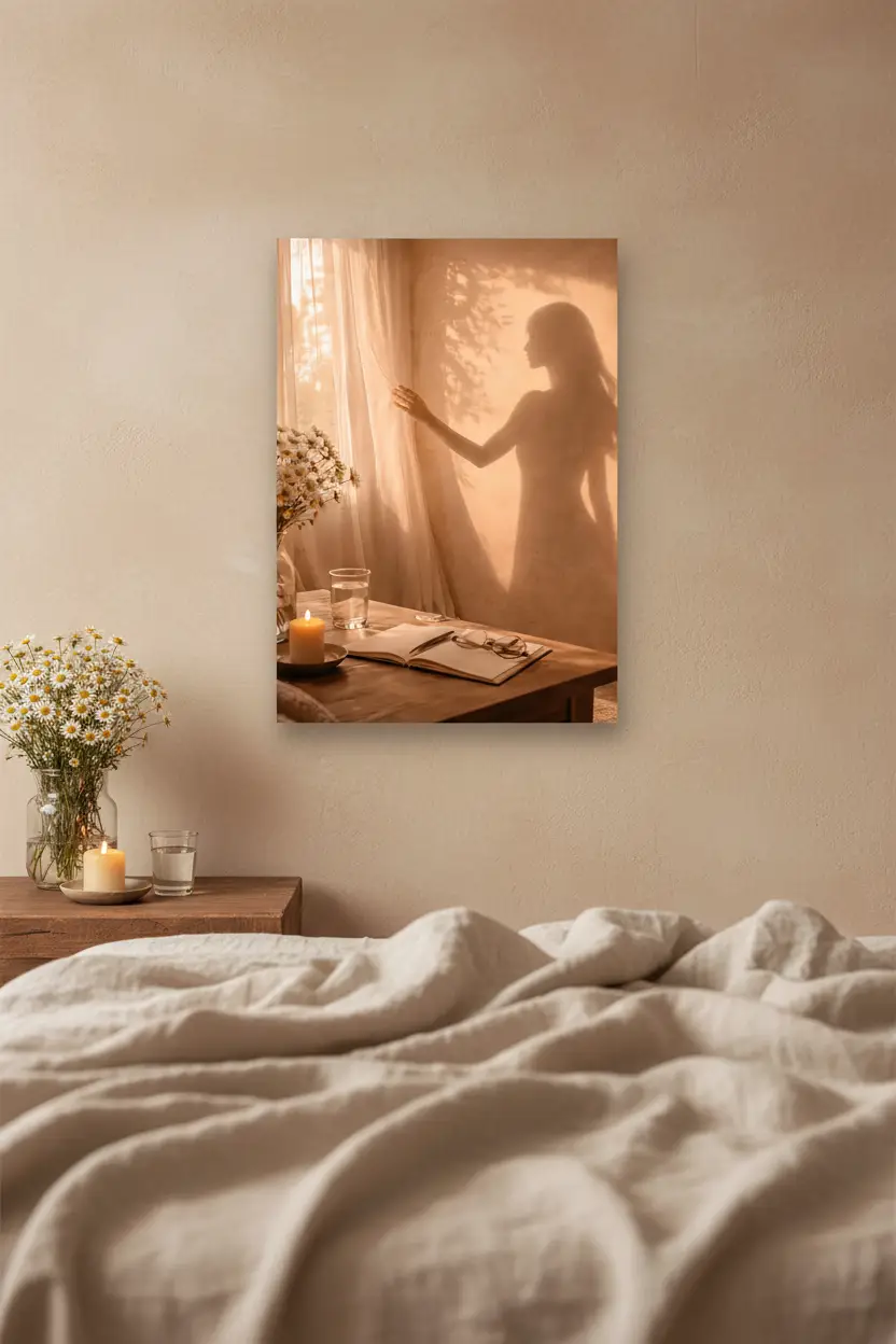 La Main sur le Voile — Affiche murale minimaliste silhouette féminine lumière dorée, affiche murale minimaliste avec cadre bois, décoration murale salon ou chambre, style méditerranéen