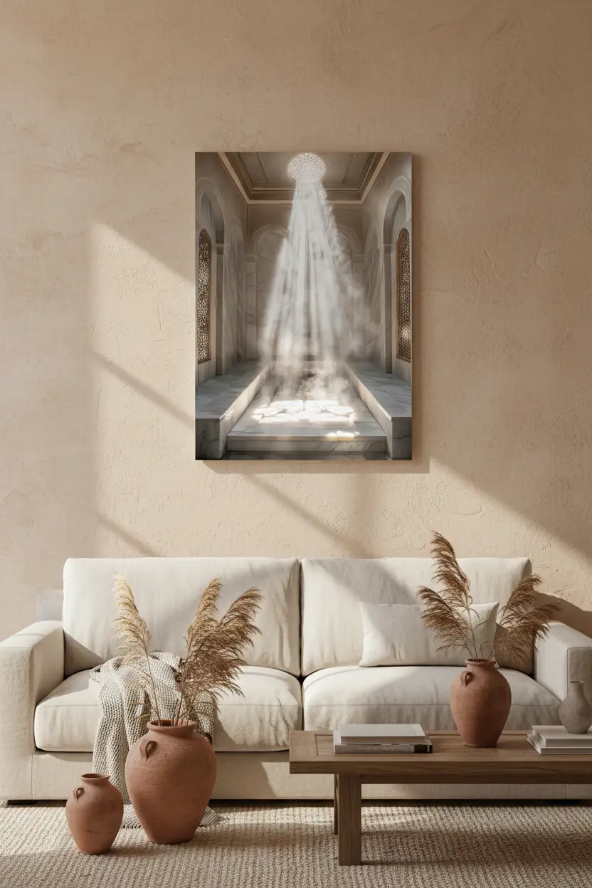 Le Hammam — Affiche murale minimaliste marbre blanc lumière dorée orientale — affiche murale minimaliste | Cassili-home