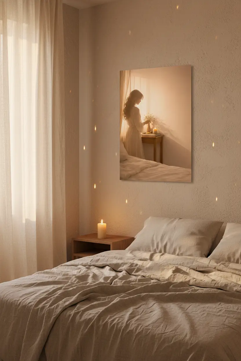 Le Rituel des Fleurs — Affiche murale minimaliste lumière dorée chambre, affiche murale minimaliste avec cadre bois, décoration murale salon ou chambre, style méditerranéen