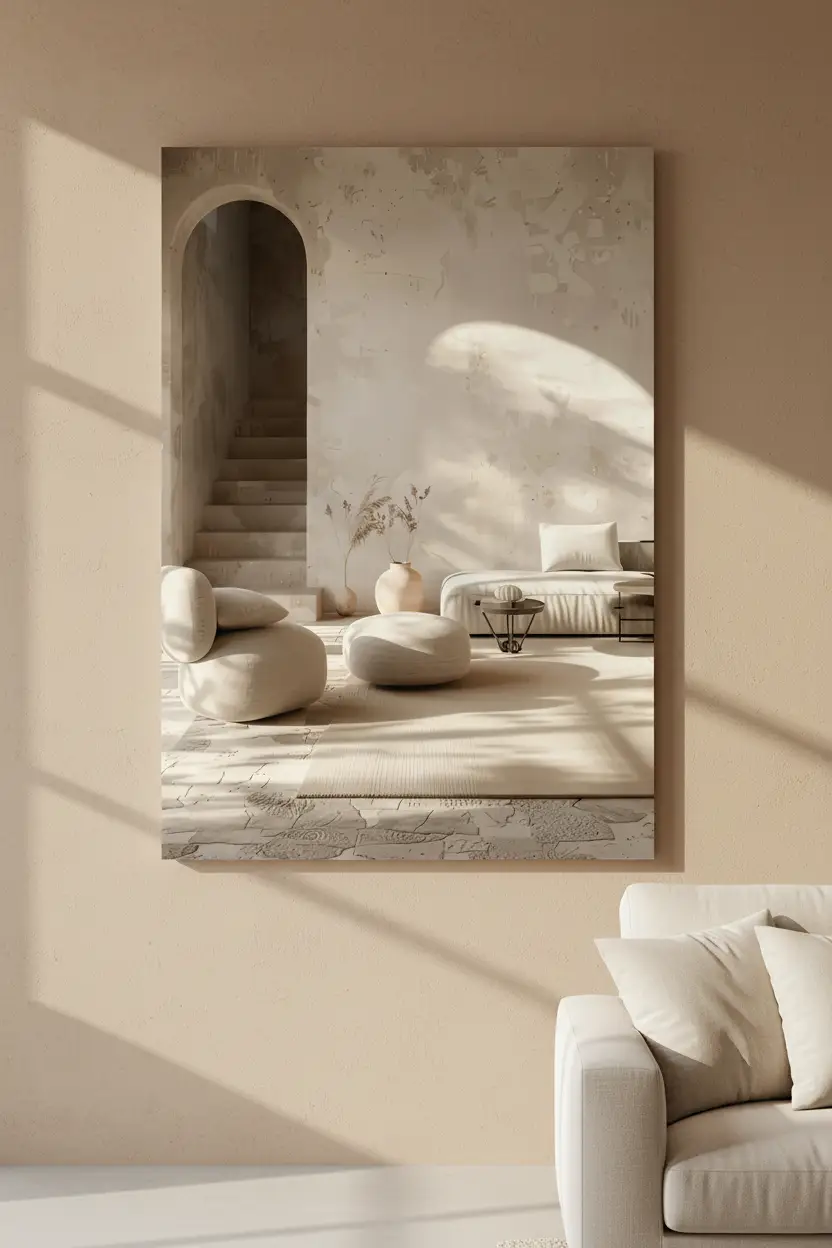 Le Salon de l’Arche — Affiche murale minimaliste salon méditerranéen arche escalier galets sculptés ombres architecture, affiche murale minimaliste avec cadre bois, décoration murale salon ou chambre, style méditerranéen