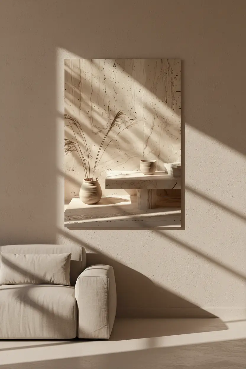 Le Vase et le Pampa — Affiche murale minimaliste céramique travertin pampa graphique minéral, affiche murale minimaliste avec cadre bois, décoration murale salon ou chambre, style méditerranéen