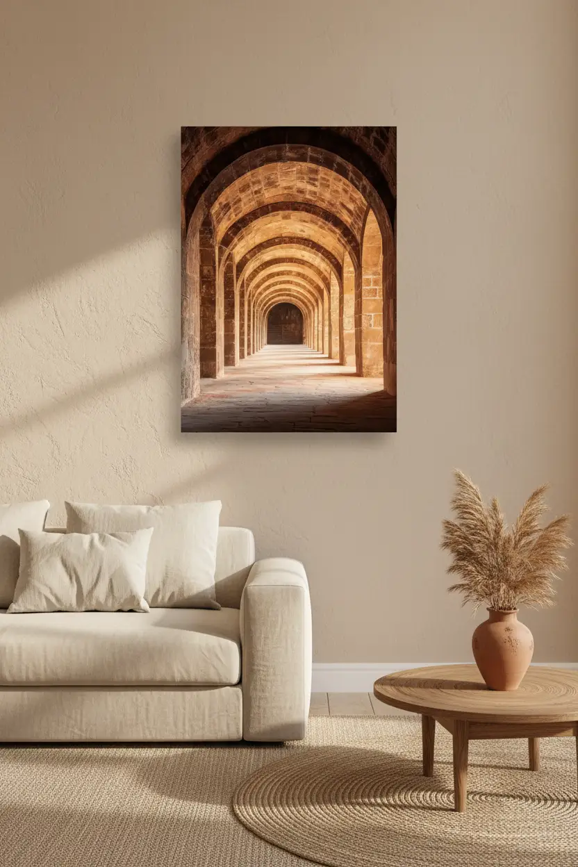 Le Cloître — Affiche murale minimaliste brun ocre arches pierre de taille perspective — affiche murale minimaliste | Cassili-home