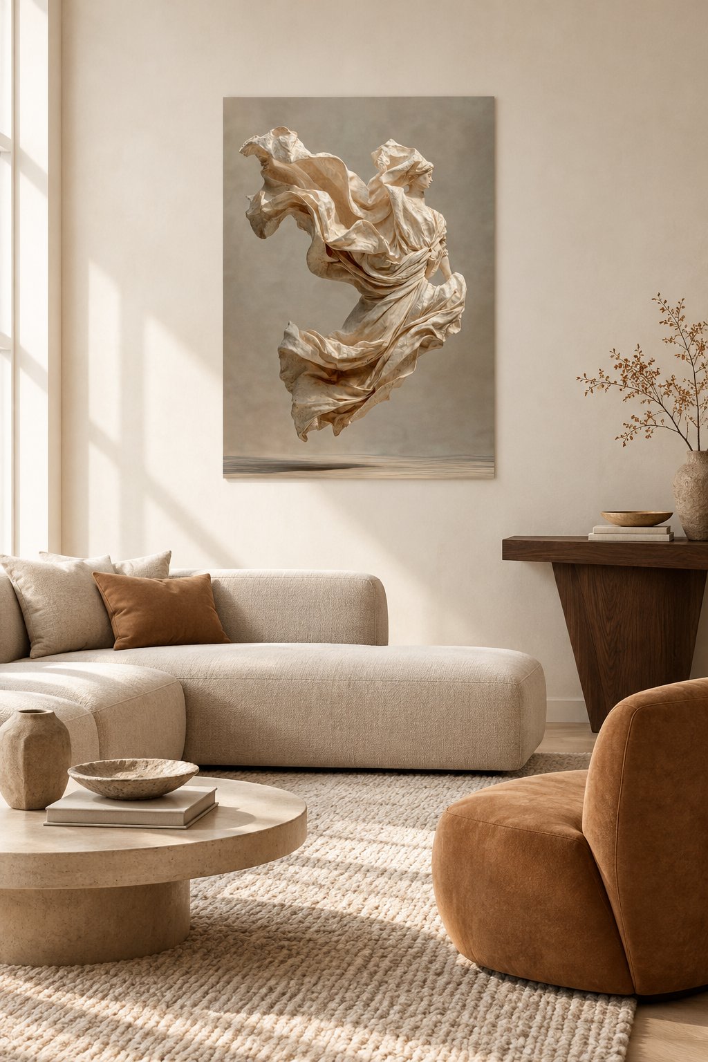 Die Tänzerin aus Leinen in einem mediterranen Wohnzimmer