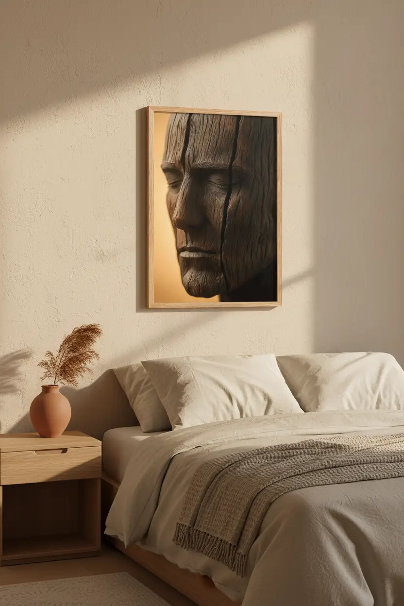 Bois Dormant — Affiche murale minimaliste brun et beige visage abstrait et texture minérale — affiche murale minimaliste | Cassili-home
