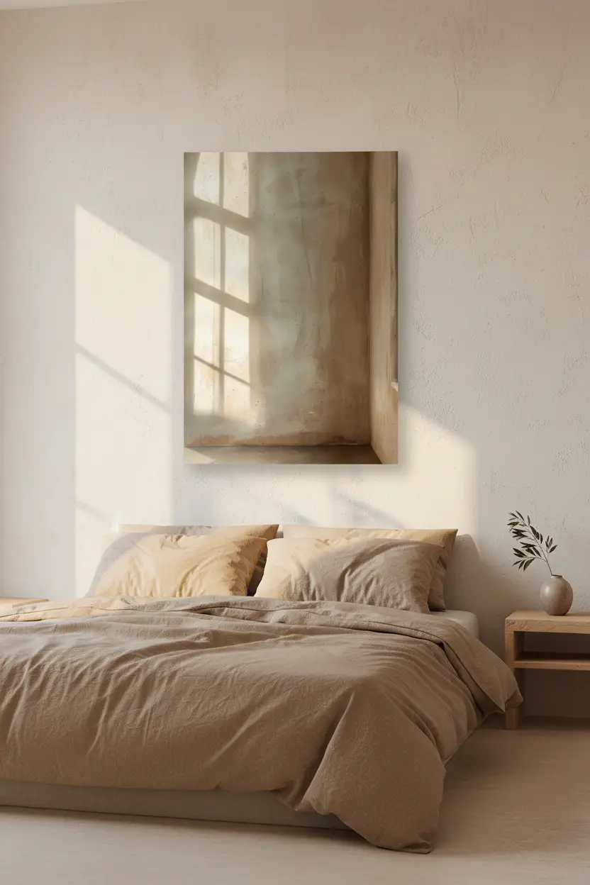 Le Coin de Lumière — Affiche murale minimaliste angle pièce ombre fenêtre béton ciré, affiche murale minimaliste avec cadre bois, décoration murale salon ou chambre, style méditerranéen