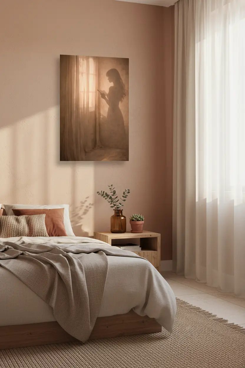 La Fleur Tenue — Affiche murale minimaliste silhouette féminine lumière dorée, affiche murale minimaliste avec cadre bois, décoration murale salon ou chambre, style méditerranéen