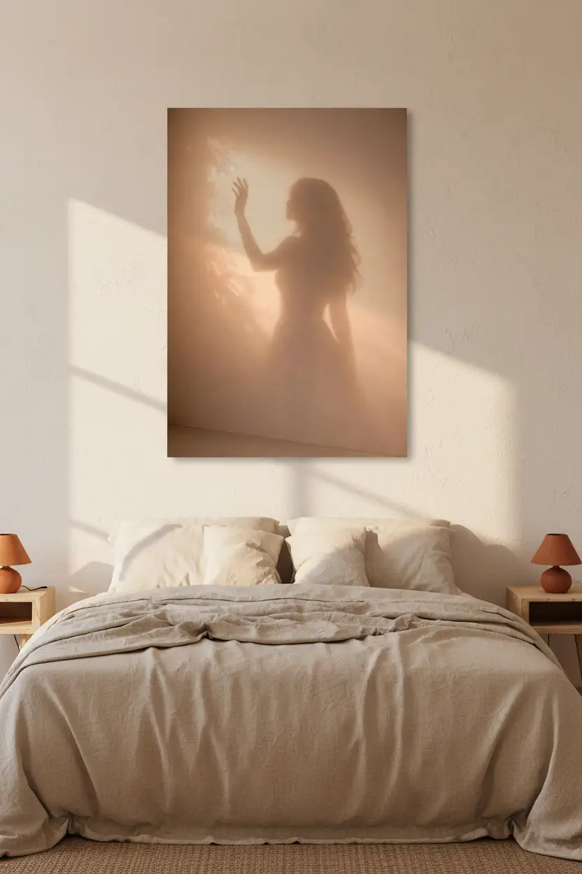 La Lumière Touchée — Affiche murale minimaliste silhouette féminine brume dorée, affiche murale minimaliste avec cadre bois, décoration murale salon ou chambre, style méditerranéen