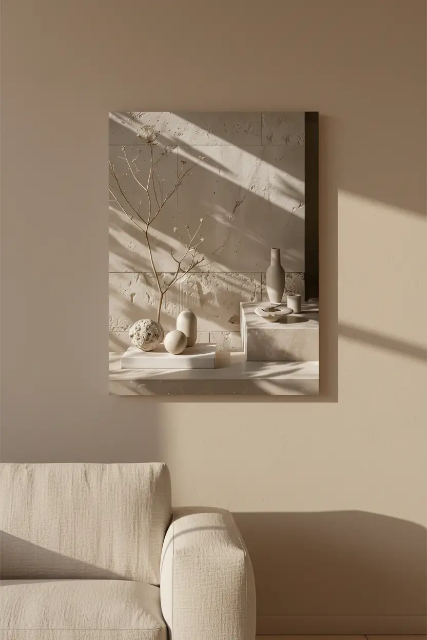 La Composition du Soir — Affiche murale minimaliste travertin sphères céramiques végétal minéral, affiche murale minimaliste avec cadre bois, décoration murale salon ou chambre, style méditerranéen