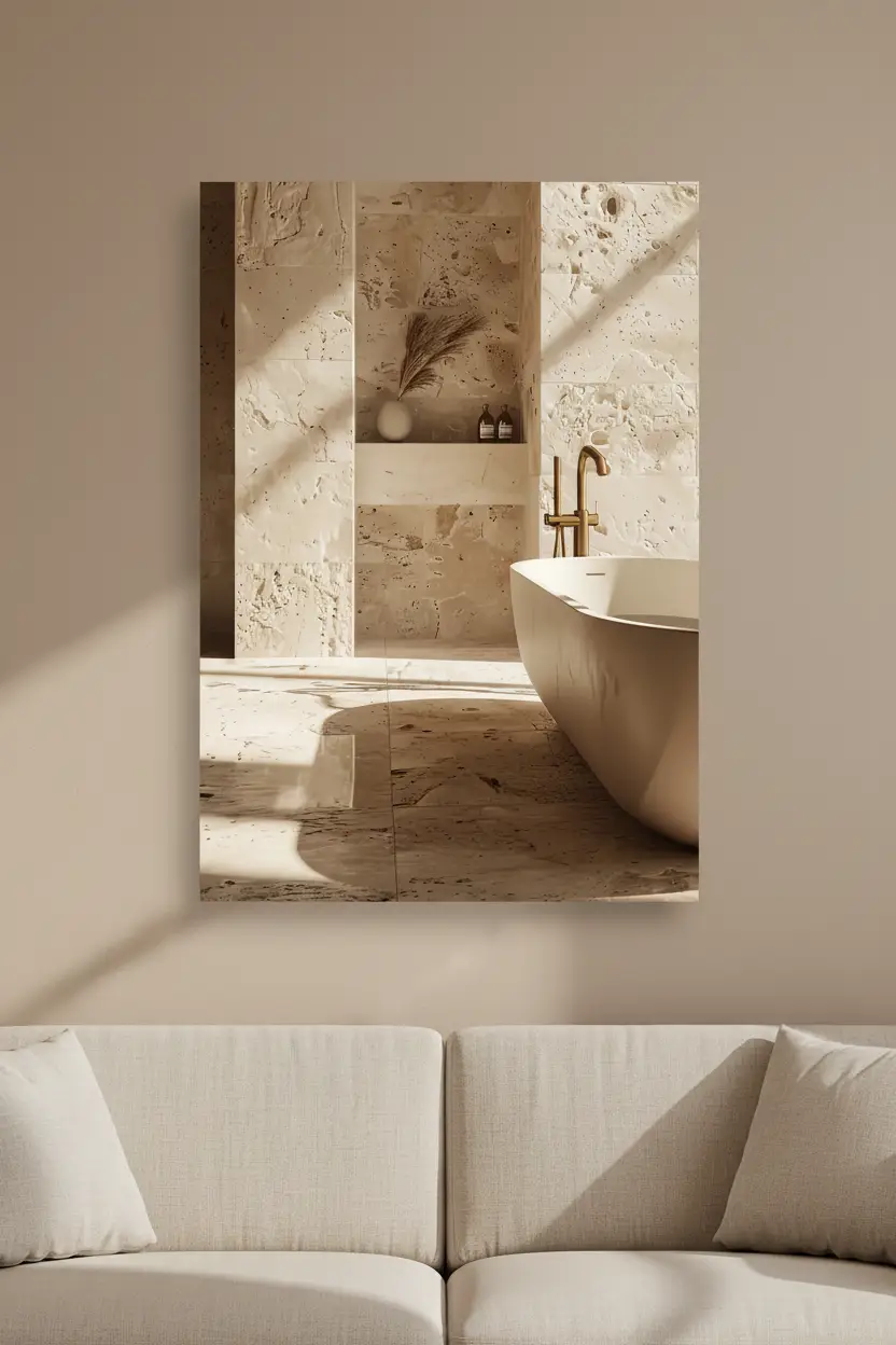 La Niche de Travertin — Affiche murale minimaliste salle de bain travertin brut niche pampa baignoire îlot lumière, affiche murale minimaliste avec cadre bois, décoration murale salon ou chambre, style méditerranéen