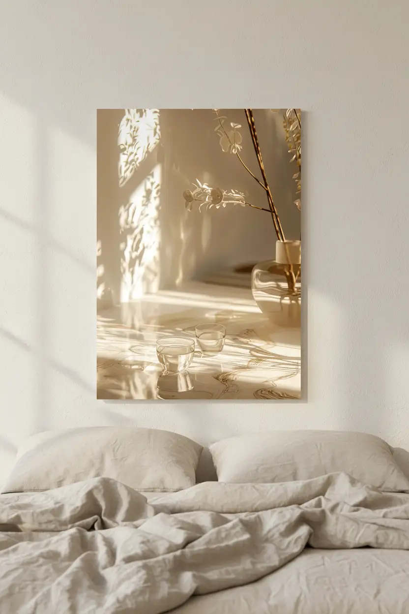 L’Heure Dorée — Affiche murale minimaliste ivoire lumière ombres botaniques, affiche murale minimaliste avec cadre bois, décoration murale salon ou chambre, style méditerranéen
