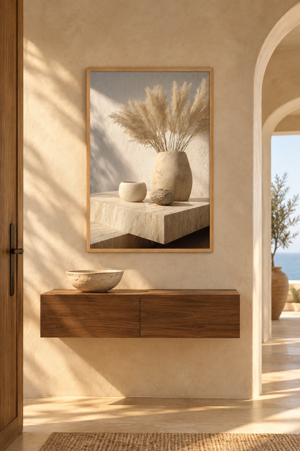 The Pampas Bouquet with an oak frame in an entryway