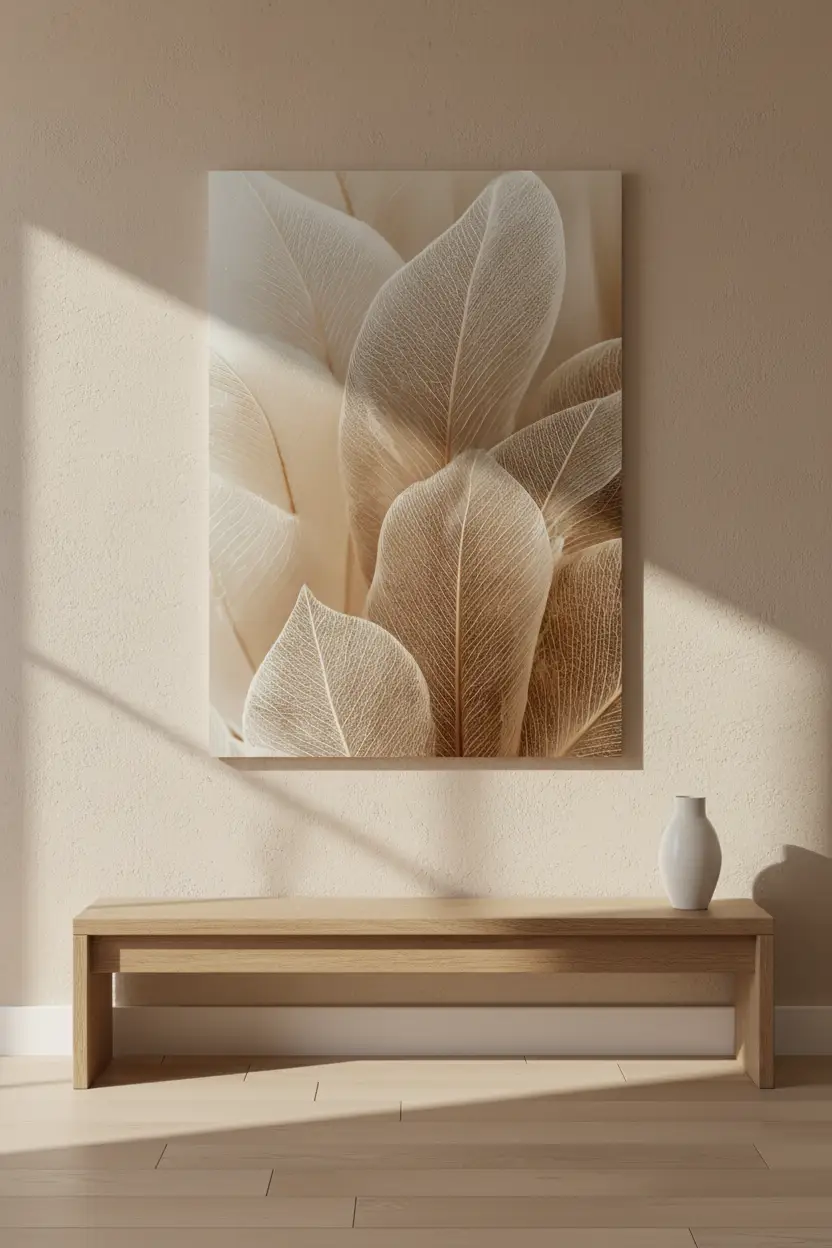 La Dentelle des Feuilles — Affiche murale minimaliste beige végétal translucide, affiche murale minimaliste avec cadre bois, décoration murale salon ou chambre, style méditerranéen