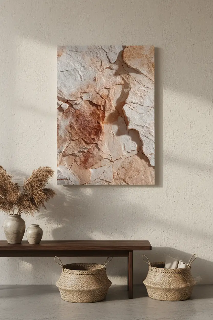L'Éclat de Calcaire — Affiche murale minimaliste minérale sable, affiche murale minimaliste avec cadre bois, décoration murale salon ou chambre, style méditerranéen
