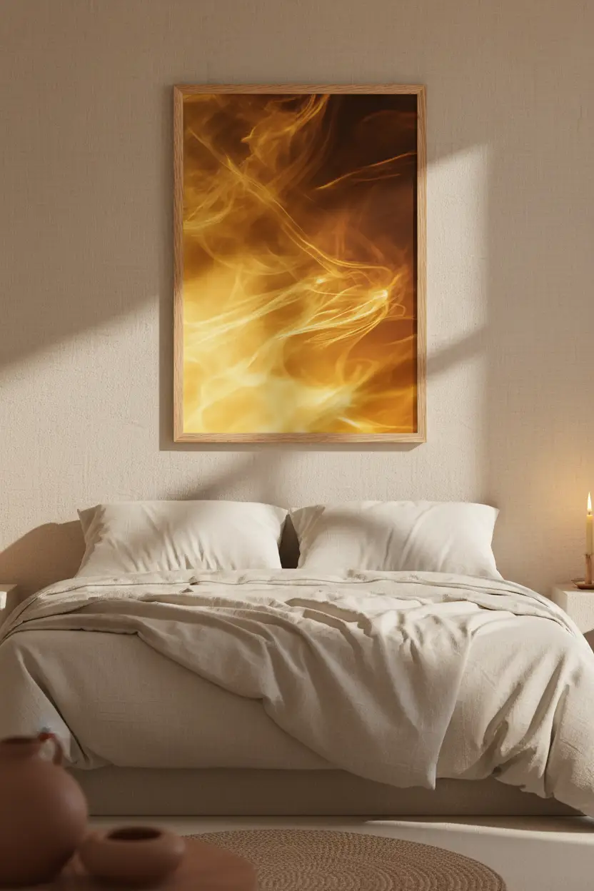 L’Âme du Feu — Minimalist väggaffisch gyllene bärnsten lågor