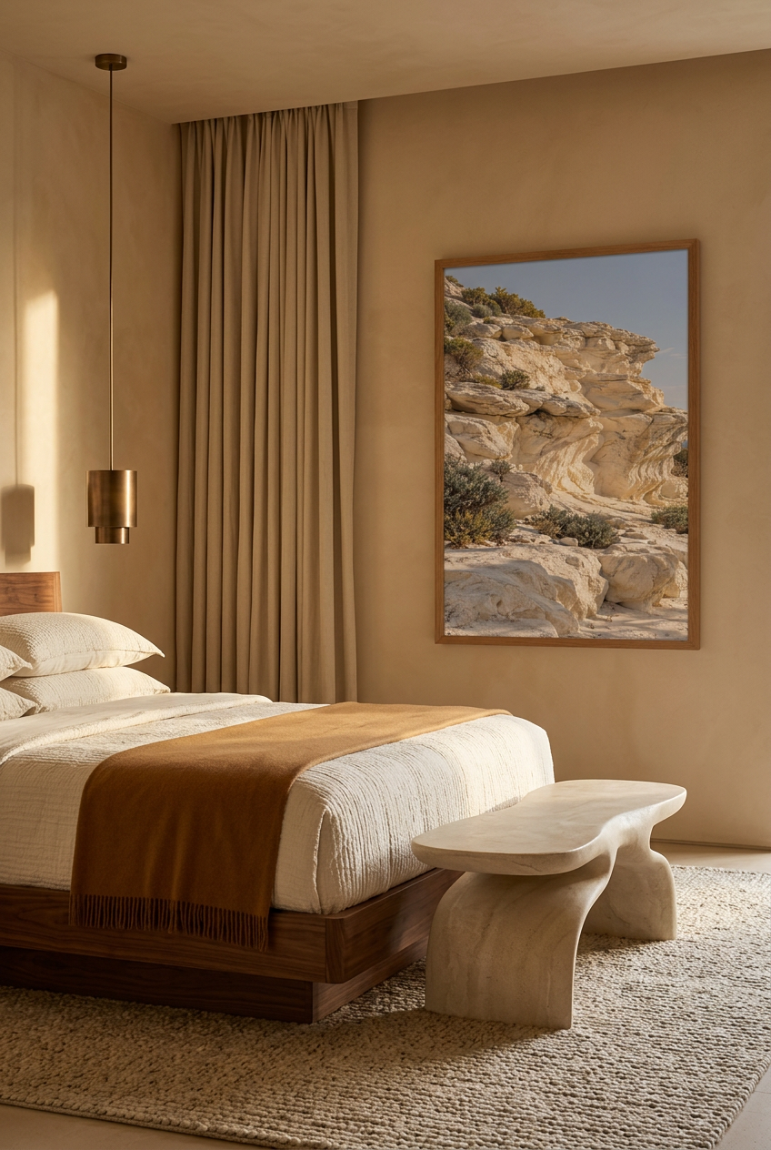 The Sculpted Cliff — poster in a solid oak frame in a bedroom