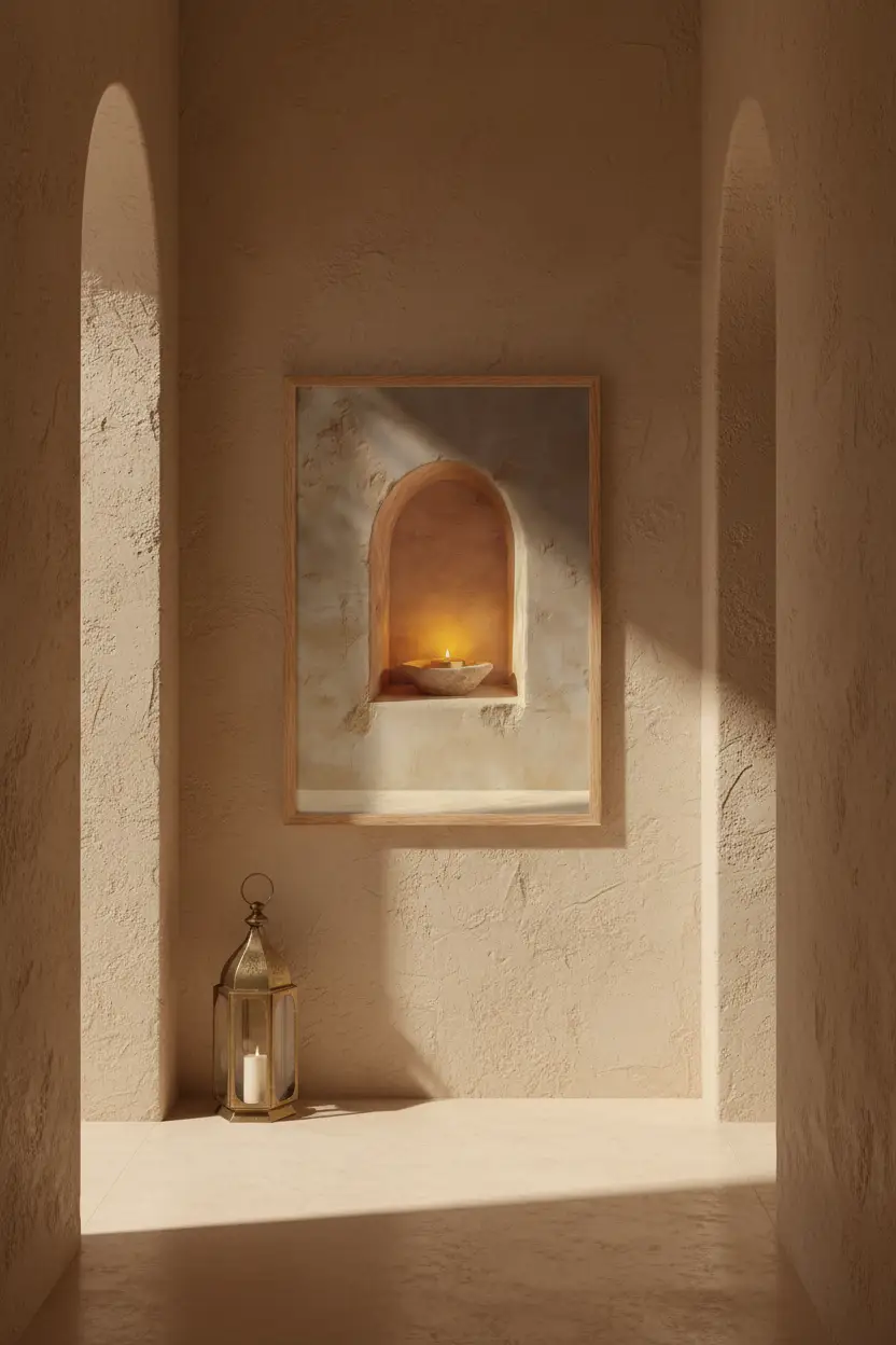 La Flamme du Seuil — Affiche murale minimaliste niche arche enduit sable bougie lumière dorée — affiche murale minimaliste | Cassili-home