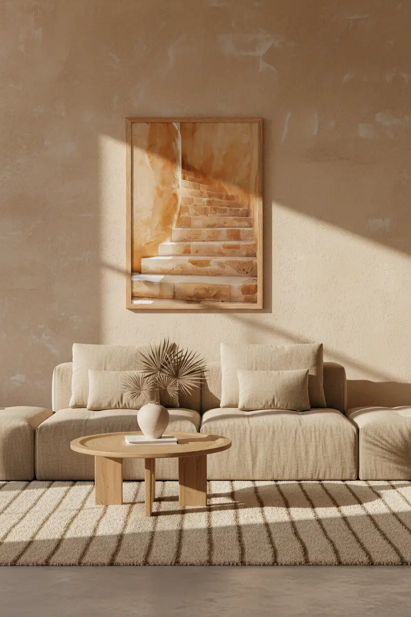 La Montée Dorée — Affiche murale minimaliste ocre doré escalier pierre méditerranéen — affiche murale minimaliste | Cassili-home