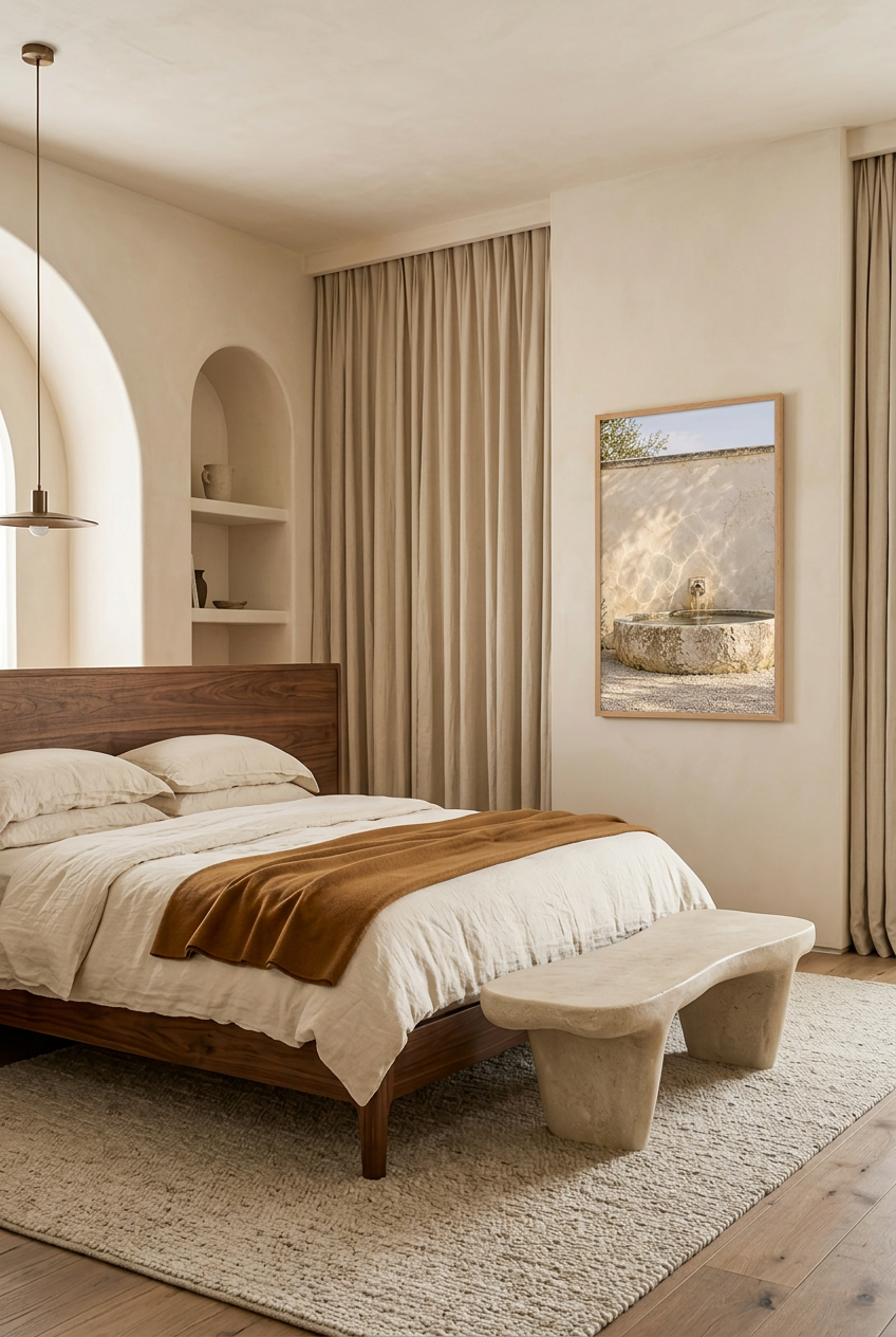 The Stone Spring — poster in a solid oak frame in a bedroom