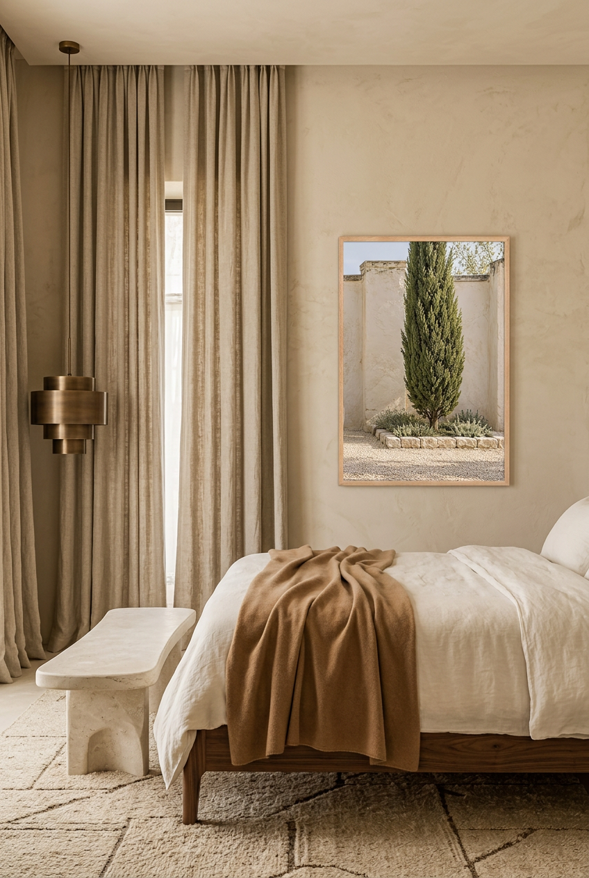 The Lone Cypress — poster in a solid oak frame in a bedroom
