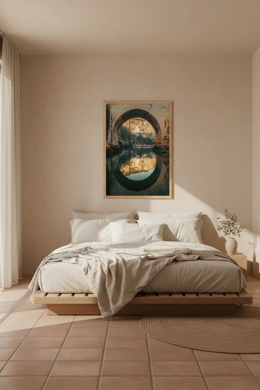 Lo Specchio del Ponte — Poster da parete minimalista verde oro arco riflesso