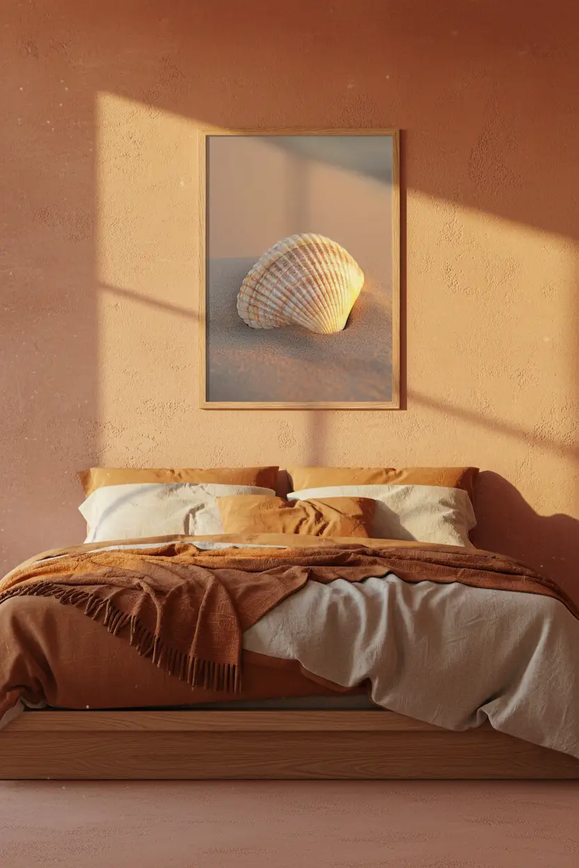 L’Heure Dorée — Affiche murale minimaliste coquille Saint-Jacques ivoire ambre sable doré lumière couchant nature mer — affiche murale minimaliste | Cassili-home