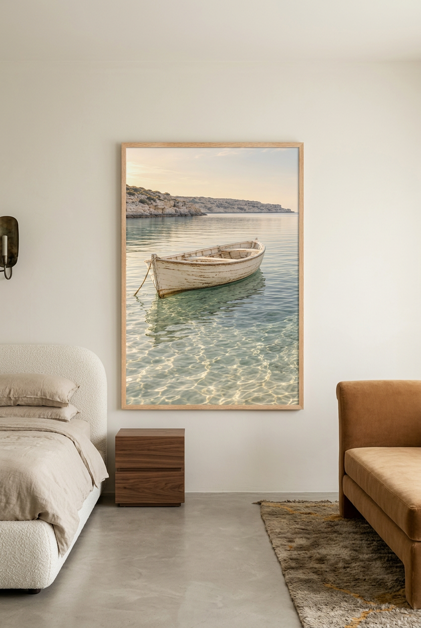 The White Boat — poster in an oak frame above a bed