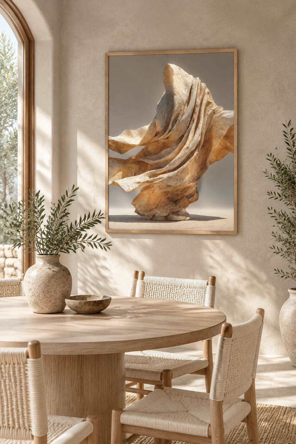 The Drape in the Wind with an oak frame in a dining room