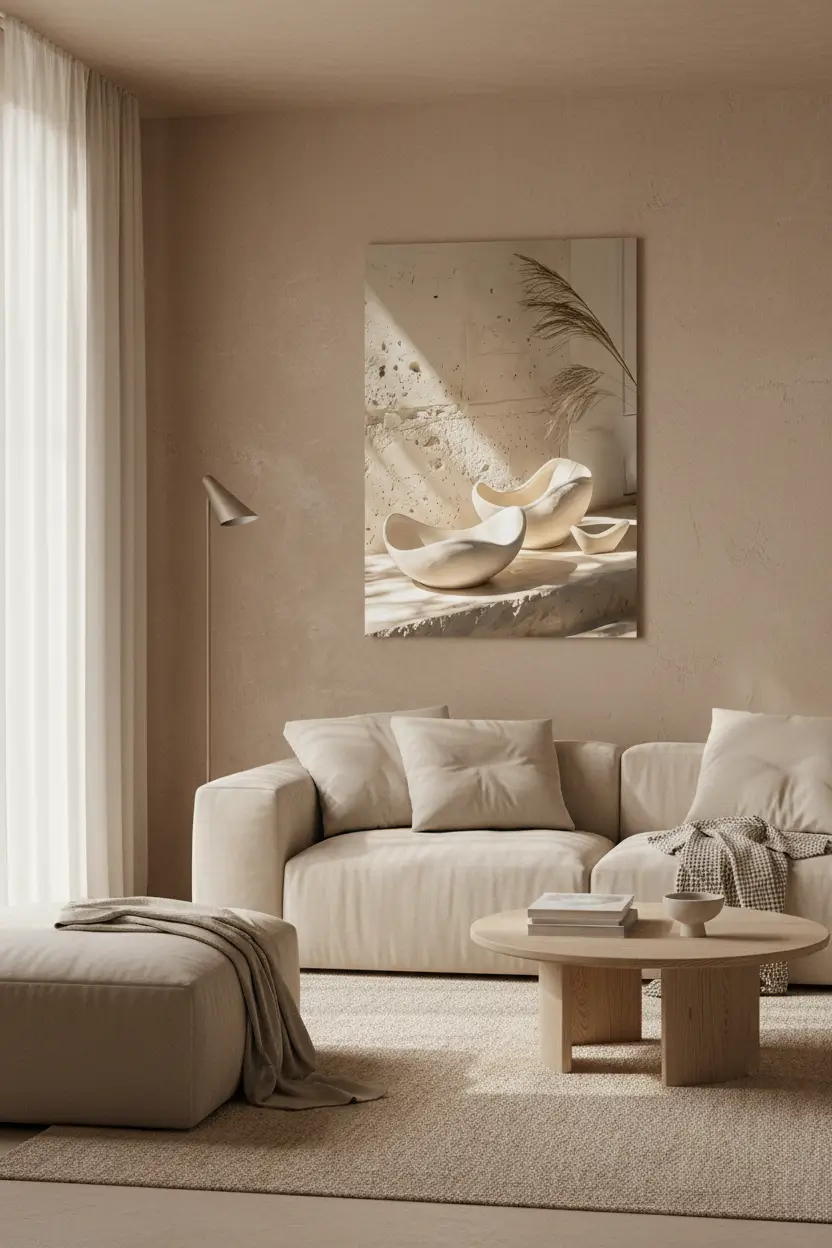Les Céramiques Sculptées — Affiche murale minimaliste ivoire minéral, affiche murale minimaliste avec cadre bois, décoration murale salon ou chambre, style méditerranéen