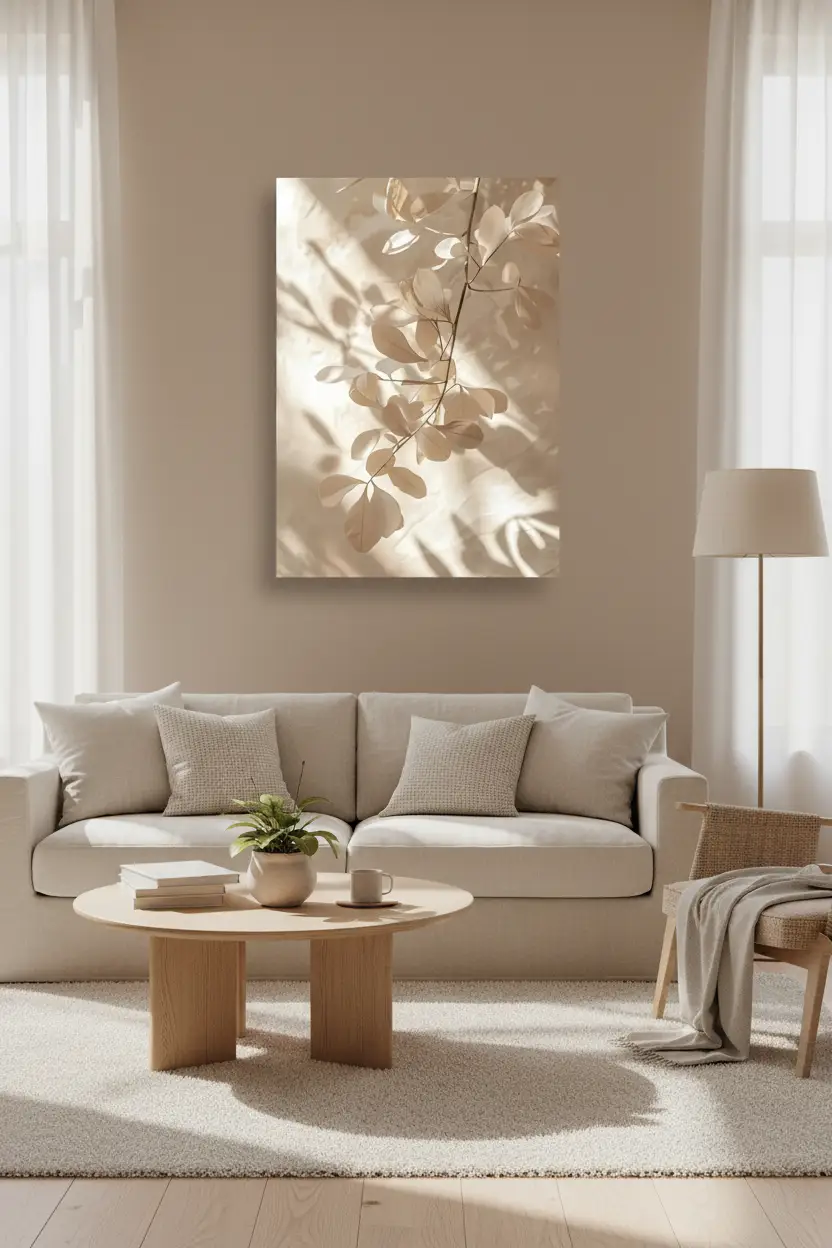 La Branche Dorée — Affiche murale minimaliste ivoire végétal, affiche murale minimaliste avec cadre bois, décoration murale salon ou chambre, style méditerranéen
