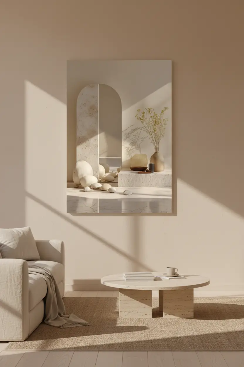 L'Arche et les Galets — Affiche murale minimaliste ivoire architecture, affiche murale minimaliste avec cadre bois, décoration murale salon ou chambre, style méditerranéen