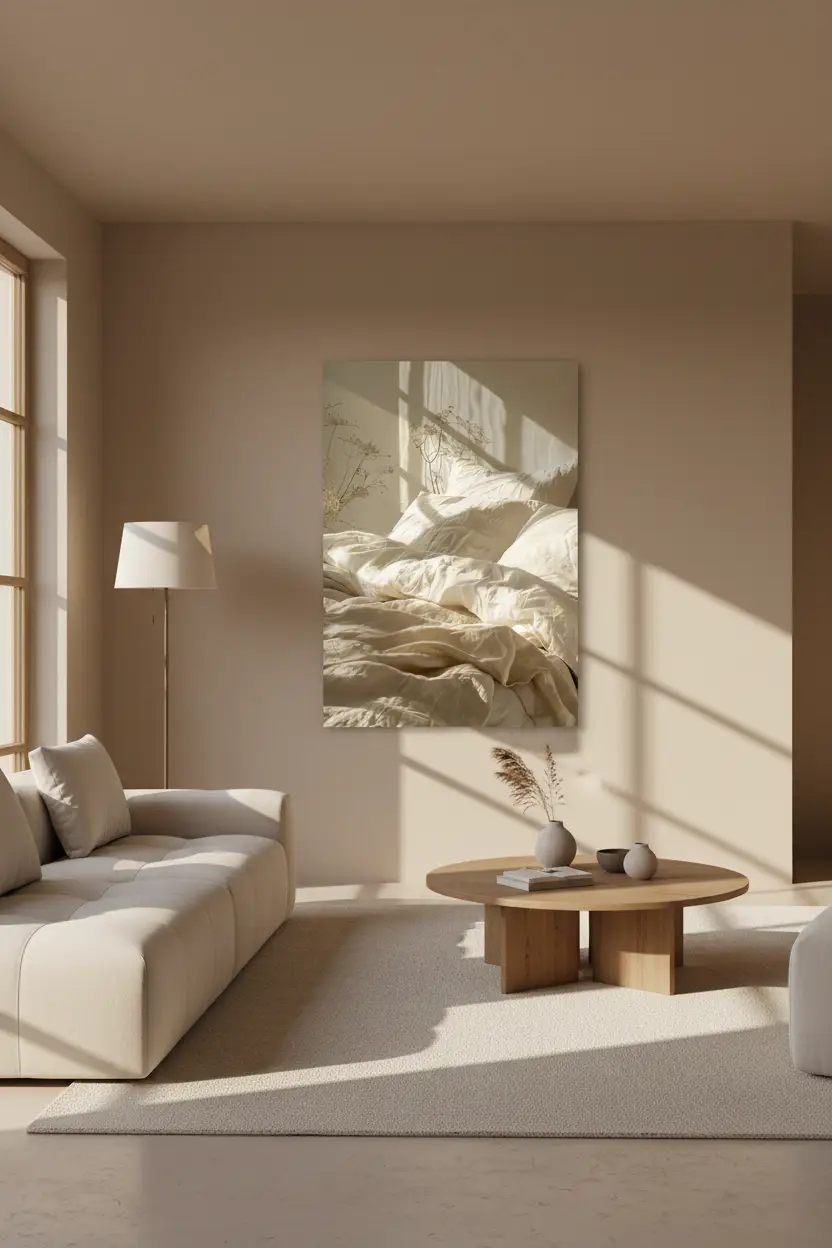 Le Lit du Matin — Affiche murale minimaliste ivoire texture lumière, affiche murale minimaliste avec cadre bois, décoration murale salon ou chambre, style méditerranéen