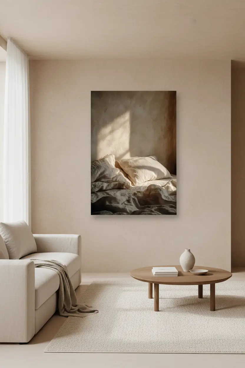 L'Aube sur le Lin — Affiche murale minimaliste sable linge, affiche murale minimaliste avec cadre bois, décoration murale salon ou chambre, style méditerranéen