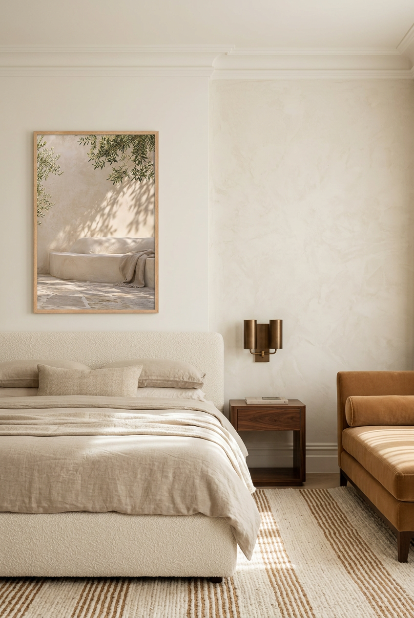 De Gekalkte Bank — poster in een lijst van massief eiken in een slaapkamer