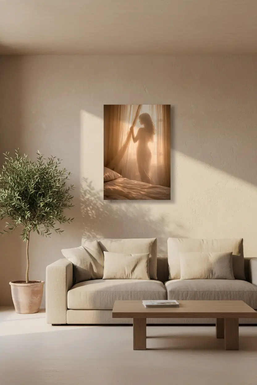 Le Réveil Doré — Affiche murale minimaliste silhouette féminine voilage lumière dorée, affiche murale minimaliste avec cadre bois, décoration murale salon ou chambre, style méditerranéen
