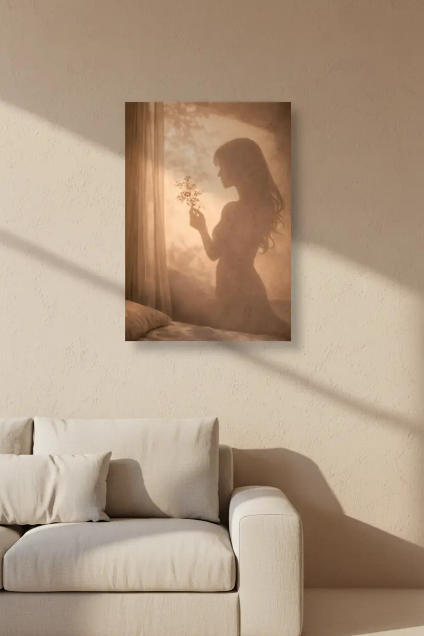 La Fleur du Matin — Affiche murale minimaliste silhouette féminine brume dorée fleur, affiche murale minimaliste avec cadre bois, décoration murale salon ou chambre, style méditerranéen