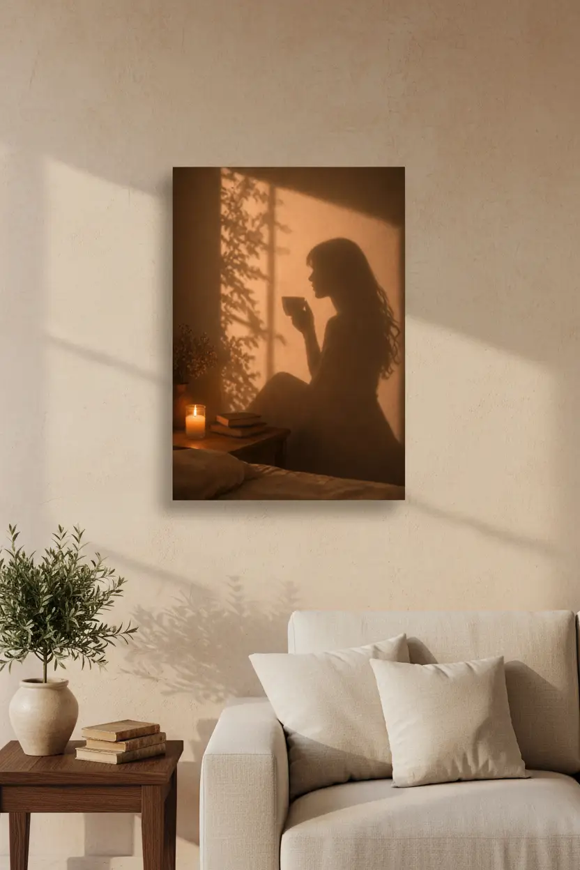 La Tasse du Soir — Affiche murale minimaliste silhouette féminine lumière dorée, affiche murale minimaliste avec cadre bois, décoration murale salon ou chambre, style méditerranéen