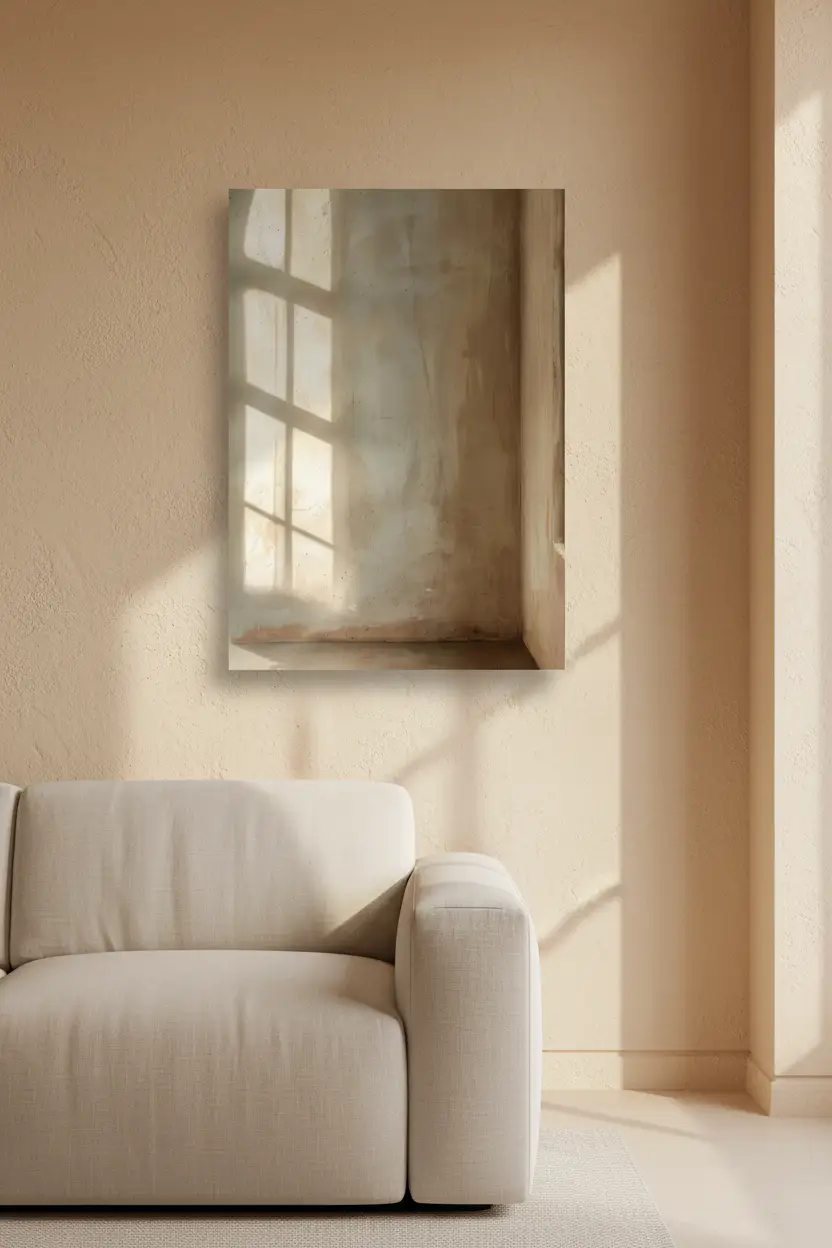 Le Coin de Lumière — Affiche murale minimaliste angle pièce ombre fenêtre béton ciré, affiche murale minimaliste avec cadre bois, décoration murale salon ou chambre, style méditerranéen