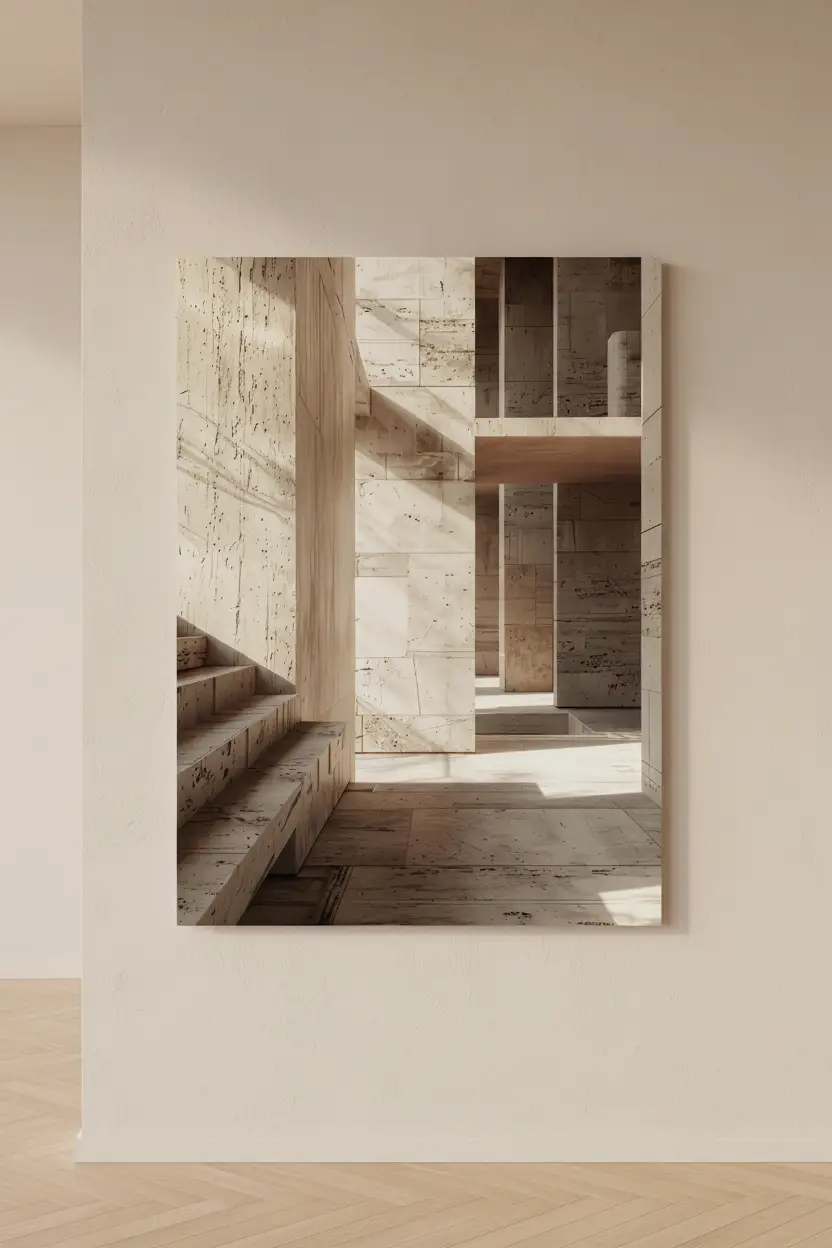 La Galerie de Pierre — Affiche murale minimaliste travertin piliers galerie escalier architecture, affiche murale minimaliste avec cadre bois, décoration murale salon ou chambre, style méditerranéen