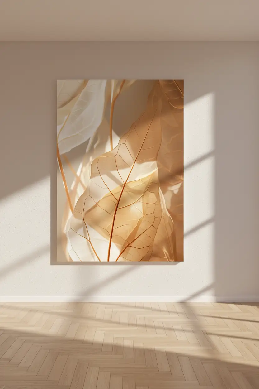 L’Ambre Végétal — Affiche murale minimaliste or ambré feuilles translucides nervures, affiche murale minimaliste avec cadre bois, décoration murale salon ou chambre, style méditerranéen