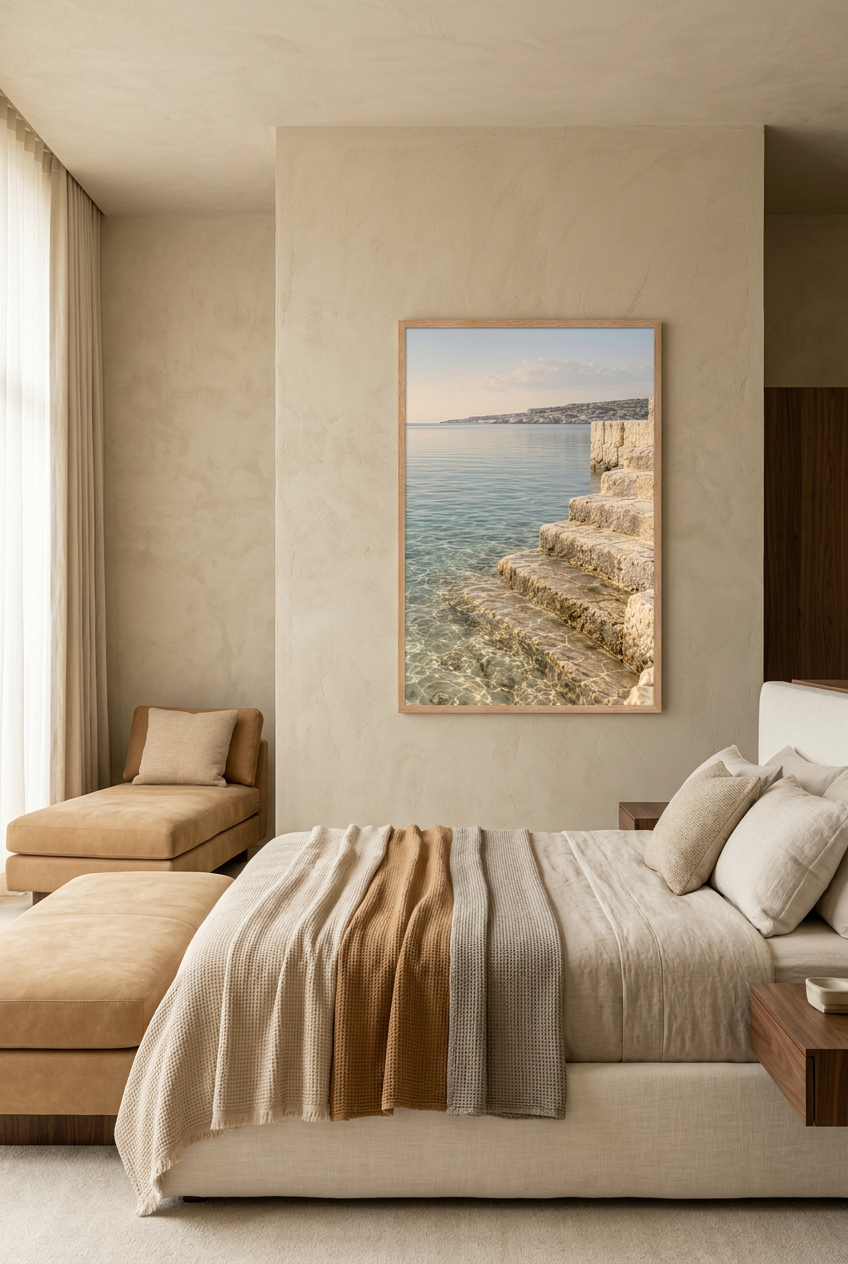 Steps into the Water — poster in an oak frame above a bed