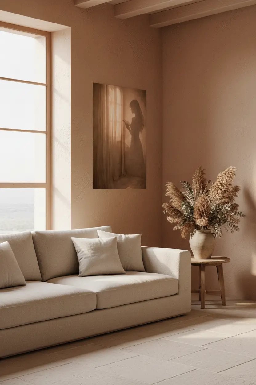 La Fleur Tenue — Affiche murale minimaliste silhouette féminine lumière dorée, affiche murale minimaliste avec cadre bois, décoration murale salon ou chambre, style méditerranéen