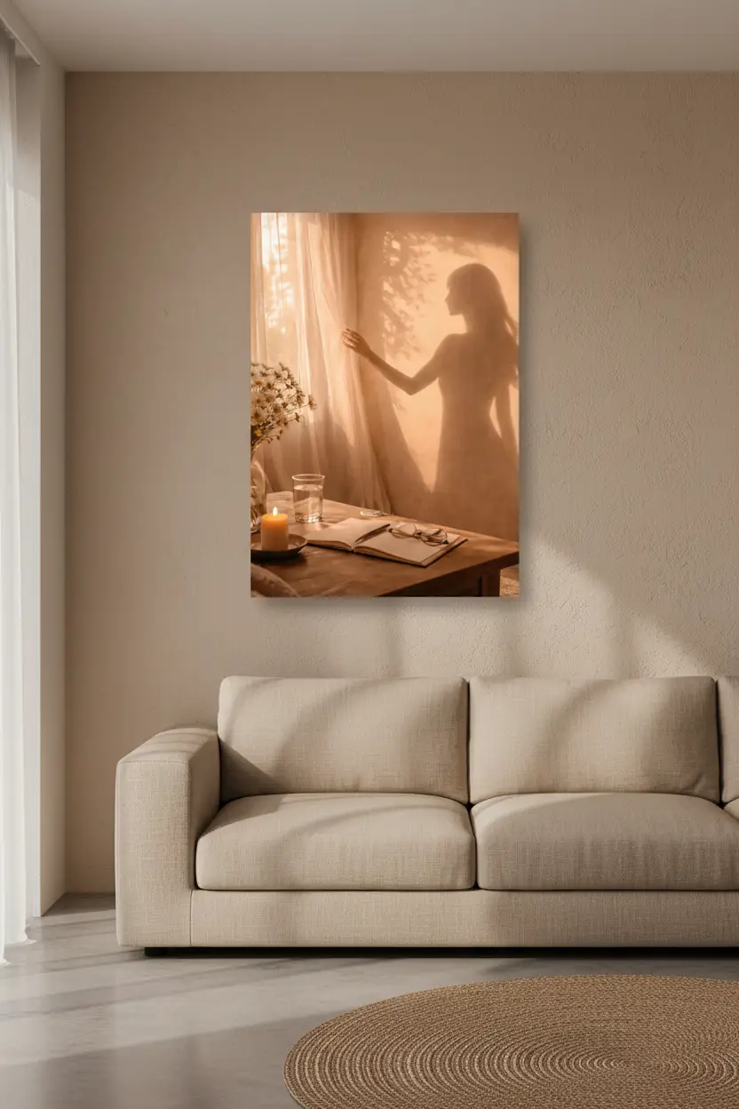 La Main sur le Voile — Affiche murale minimaliste silhouette féminine lumière dorée, affiche murale minimaliste avec cadre bois, décoration murale salon ou chambre, style méditerranéen
